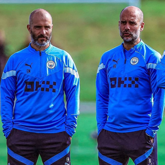 Enzo Maresca on left and Pep Guardiola  on the right at Manchester City training ground